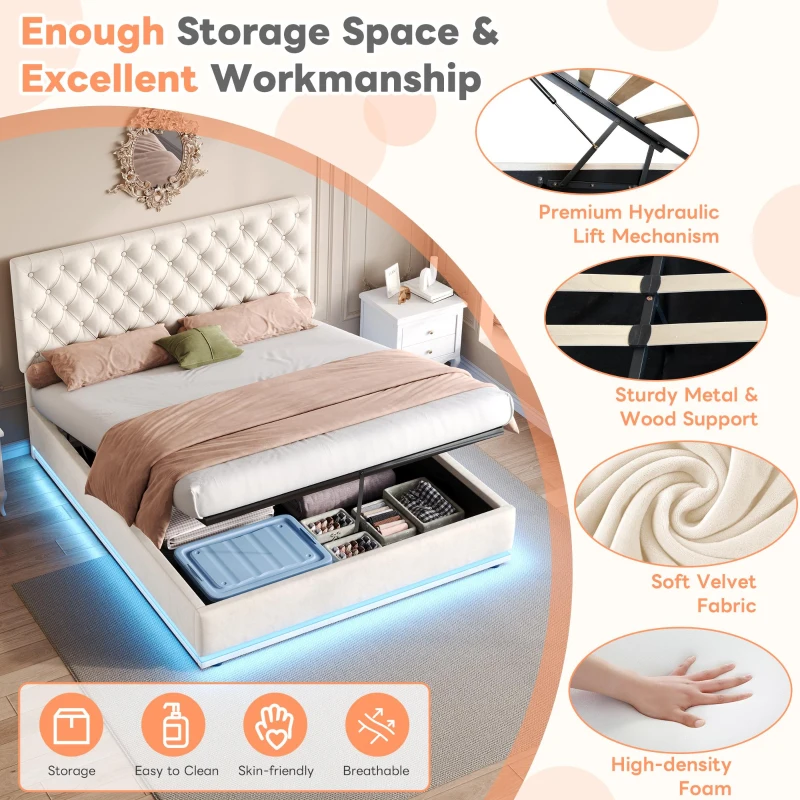Ottoman Double Bed with LED Lighting, Adjustable Headboard, Velvet Upholstered Bed with Hydraulic Storage, 195L x 142W x 102-112H cm, Beige