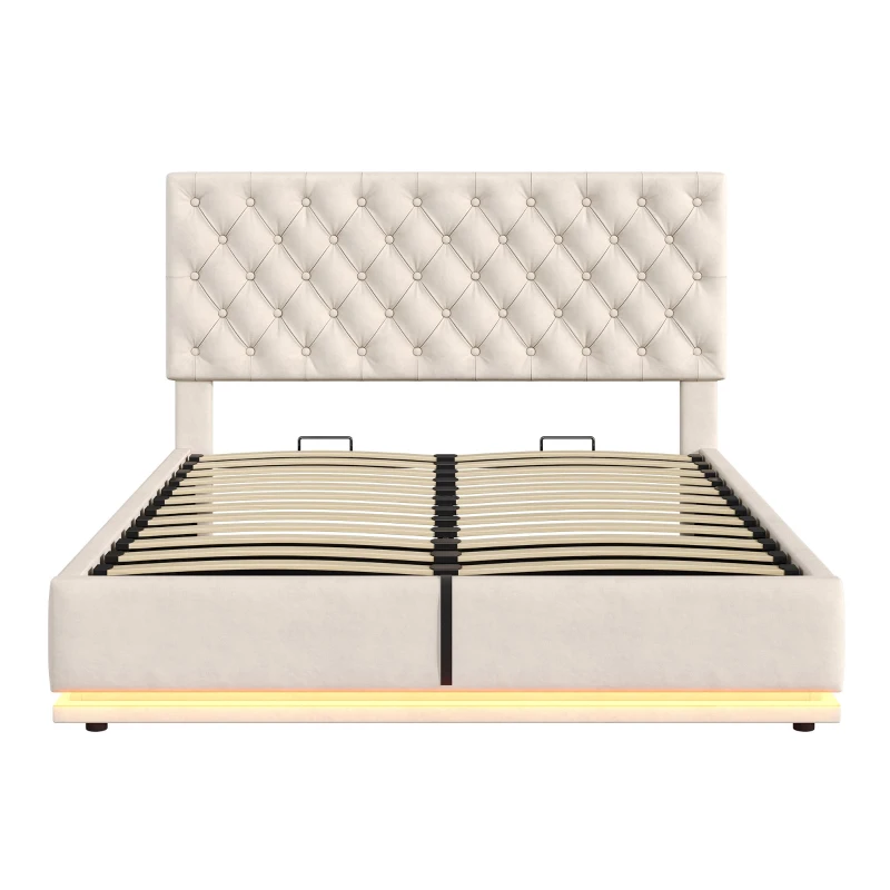 Ottoman Double Bed with LED Lighting, Adjustable Headboard, Velvet Upholstered Bed with Hydraulic Storage, 195L x 142W x 102-112H cm, Beige
