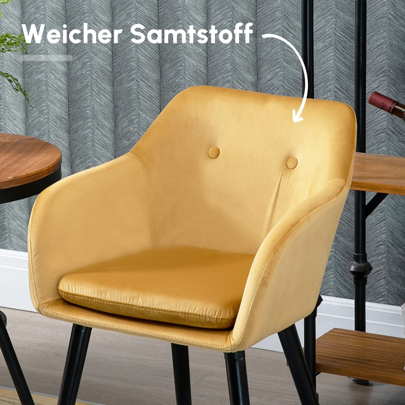 HOMCOM Esszimmerstühle Küchenstuhl skandinavisches Design - Set mit 2 - Schwarze Holzbeine - Senfgelbes Samt