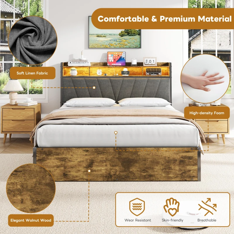 Double Bed Frame with RGB LED Headboard, Charging Station, Hydraulic Storage Bed with Linen Fabric, 205L x 136W x 109H cm, Black+Walnut