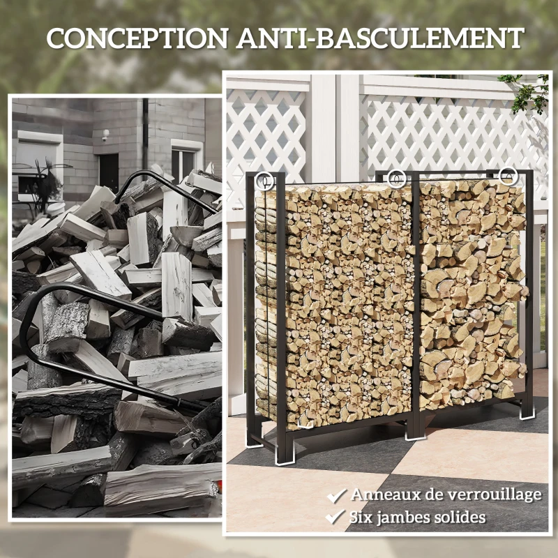 Outsunny Porte-bûches, range-bûches, avec deux compartiments, 3 crochets, base surélevée, , 123L x 32l x 115H cm, acier, noir