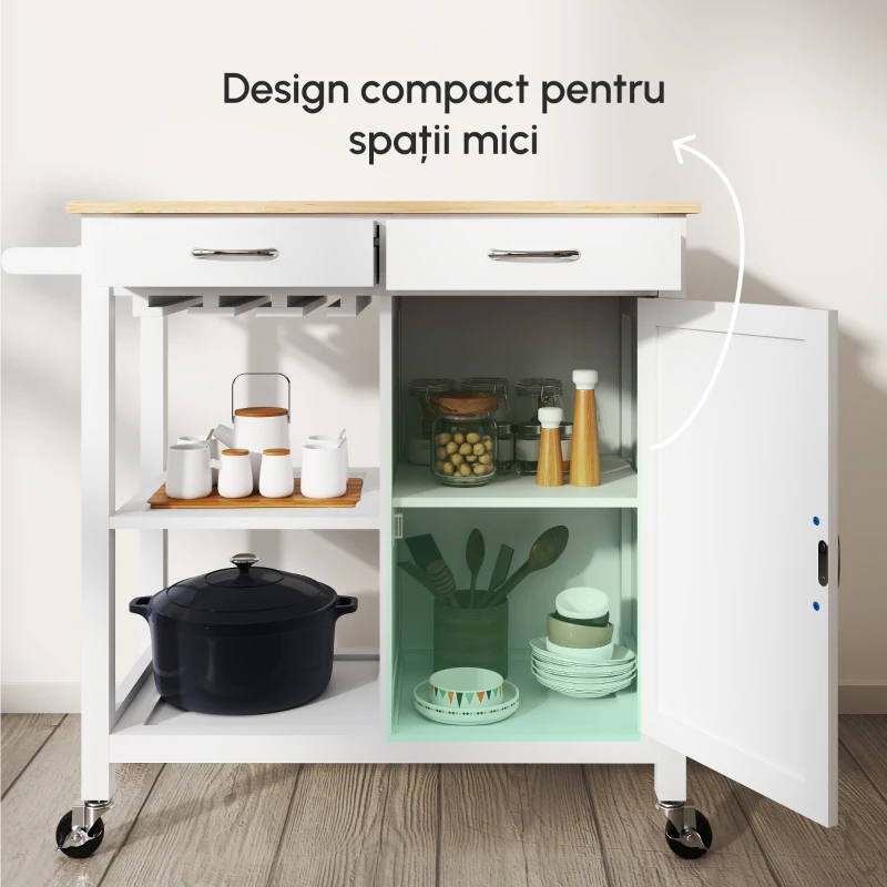 Homcom Carut Bucatarie Lemn – 88,5×40×86 cm, Design Clasic cu 2 Sertare(m-6)