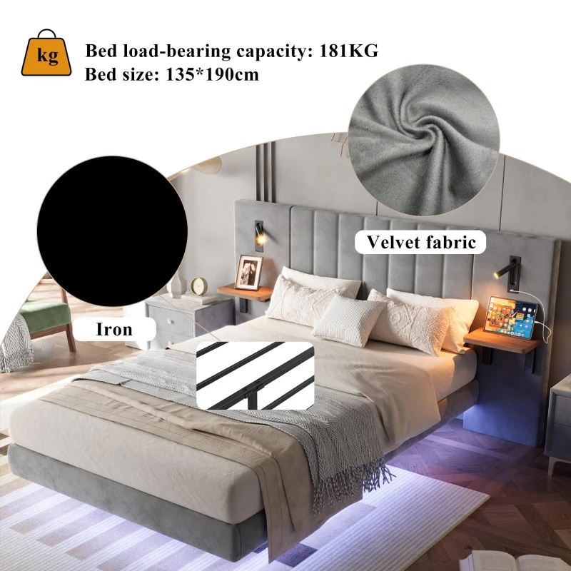Upholstered Double Bed with Headboard Storage, LED Light Strip, Velvet and Iron Frame, Reading Light, 199L x 206.5W x 103H cm, Grey
