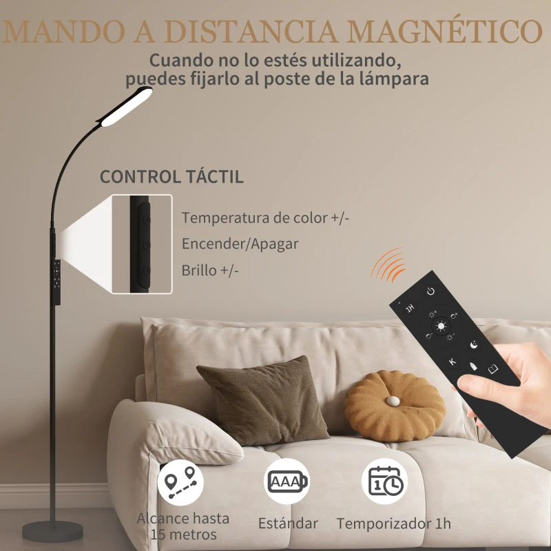 HOMCOM Lámpara de Pie LED Regulable con Temperaturas de Color Ajuste Continuo Control Remoto y Táctil Temporizador Negro