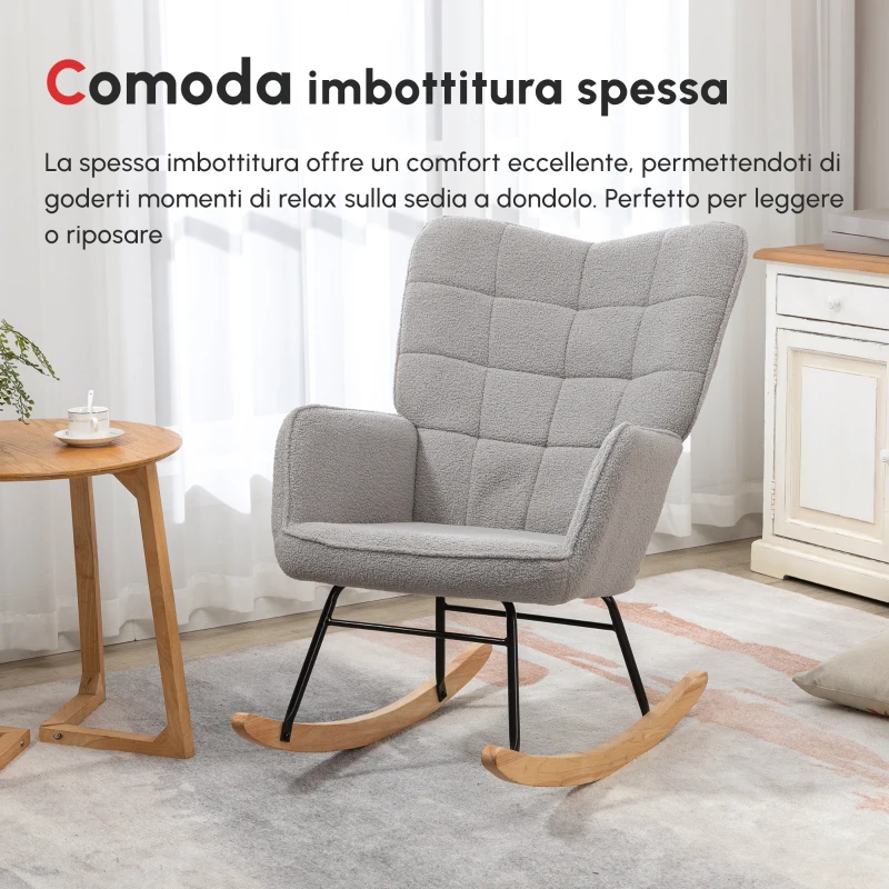 HOMCOM Poltrona a Dondolo Imbottita in Legno e Acciaio con Rivestimento Bouclé, 71x98x101 cm, Grigio