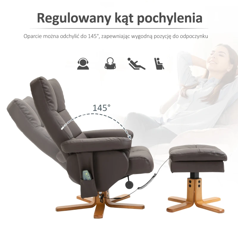 Fotel do masażu HOMCOM z podnóżkiem fotel relaksacyjny fotel telewizyjny nachylenie 145° sztuczna skóra brązowy 80 x 86 x 99 cm