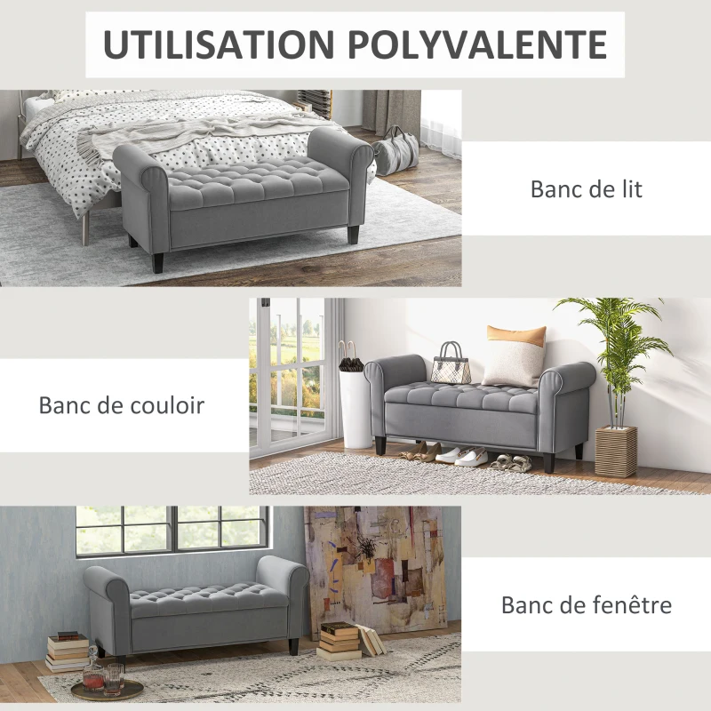 HOMCOM Banc de rangement bout de lit avec accoudoirs, tissu effet velours rembourré et capitonné, 126 x 48,5 x 57 cm, gris(m-7)
