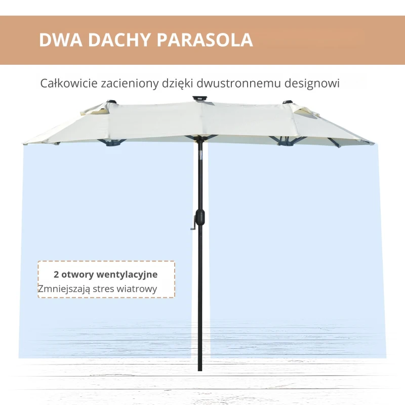 Outsunny Podwójny parasol, parasol tarasowy, nachylny, z panelem słonecznym, 35 diod LED, stal, beżowy, 2,95 x 1,50 x 2,19 m