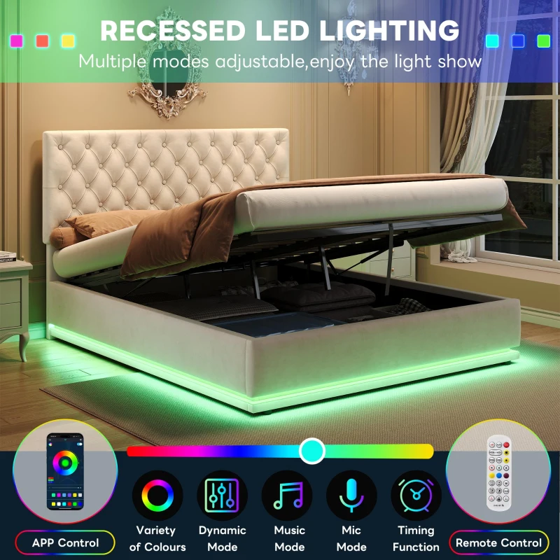 Ottoman Double Bed with LED Lighting, Adjustable Headboard, Velvet Upholstered Bed with Hydraulic Storage, 195L x 142W x 102-112H cm, Beige