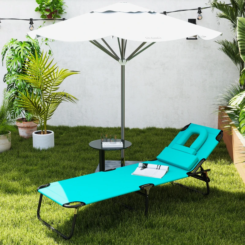 Outsunny Foldable Outdoor Sun Lounger Adjustable Backrest Reclining Chair with Pillow and Reading Hole Garden Beach, Dark Green
