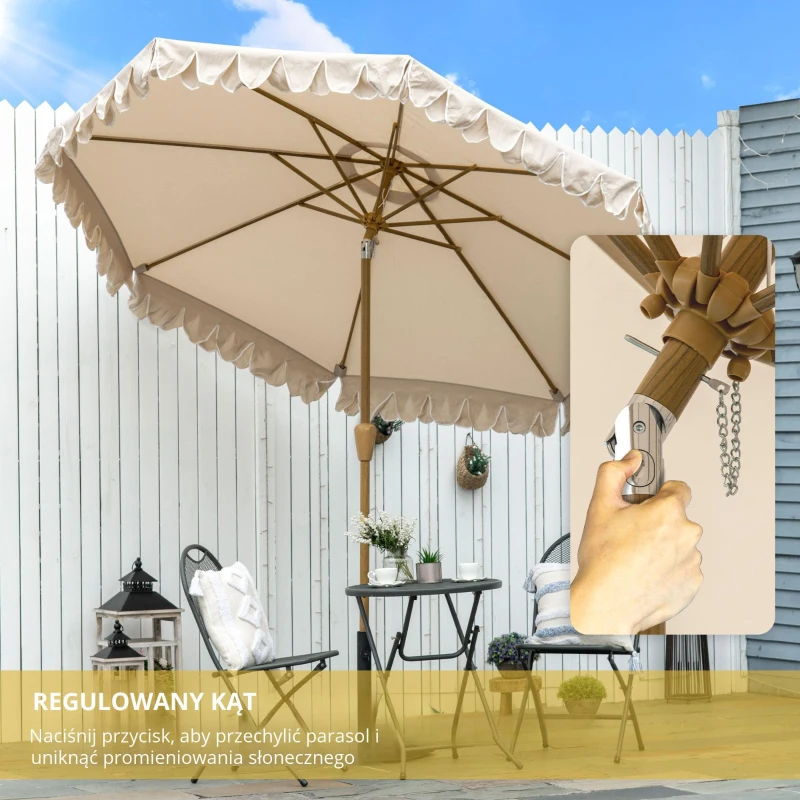 Parasol Outsunny z frędzlami, nachylany, z korbką, stal+poliester, khaki, Ø264 x 240 cm