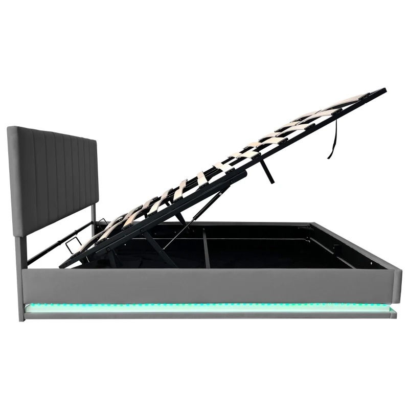 Ottoman Double Bed with Hydraulic Storage, LED Lighting, PU Leather, Bed Frame with Adjustable Headboard, 193L x 142W x 101-111H cm, Grey