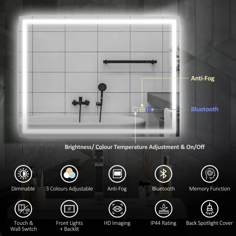 HOMCOM 60 x 80 cm Anti-Fog LED Bathroom Mirror, with Bluetooth - Silver Tone