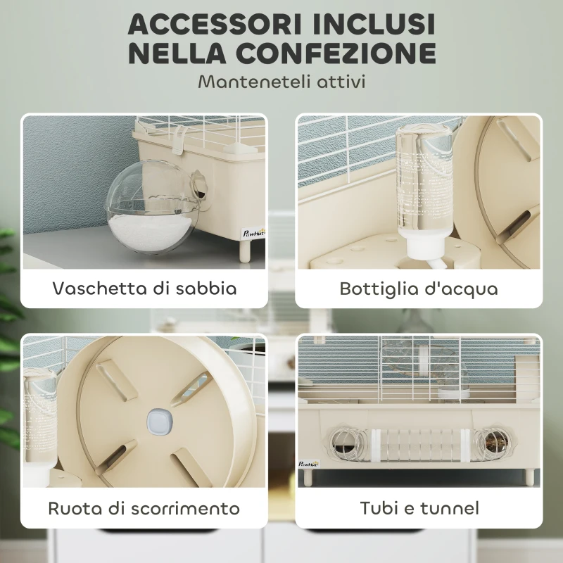PawHut Gabbia per Criceti a 2 Livelli e 3 Porte con Ruota e Tubi, in Acciaio, PS e PP, 44.5x28x44 cm, Crema e Bianco