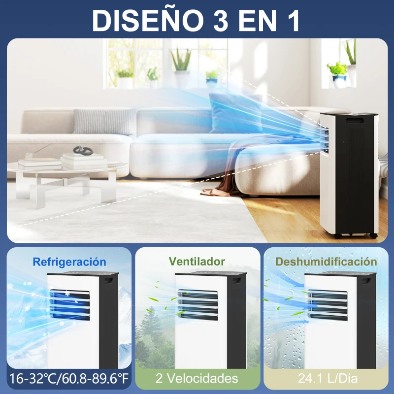 HOMCOM Aire Acondicionado Portátil 3 en 1 9000 BTU con Control Remoto Pantalla LED Temporizador 2 Velocidades para 28m² Blanco
