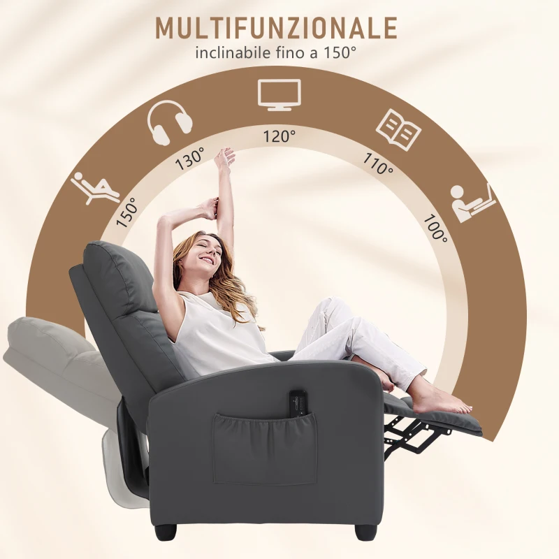 HOMCOM Poltrona Relax Massaggiante con Telecomando e 8 Programmi, Reclinazione e Poggiapiedi, 68x88x98cm, Grigio
