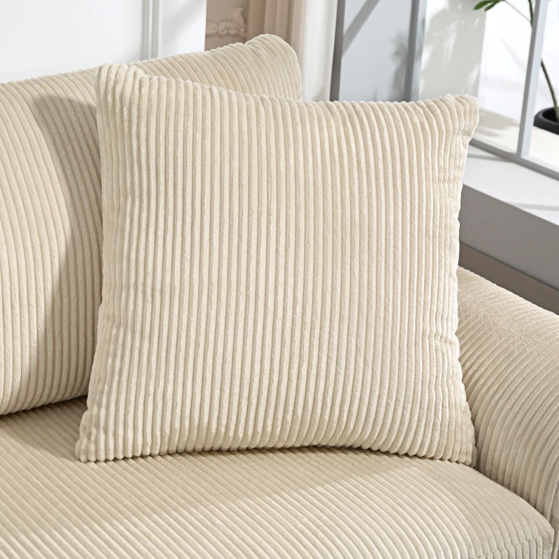 HOMCOM Divano 3 Posti in Velluto a Coste con Molle Insacchettate e 2 Cuscini, 212x80x88 cm, Bianco Crema(m-9)