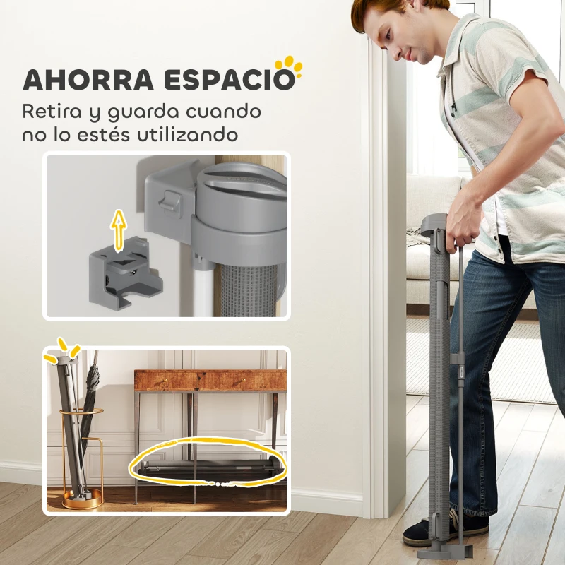PawHut Barrera de Seguridad para Perros Retráctil con Interruptor de Cierre para Puertas Escaleras Pasillos 142x10x87 cm Gris