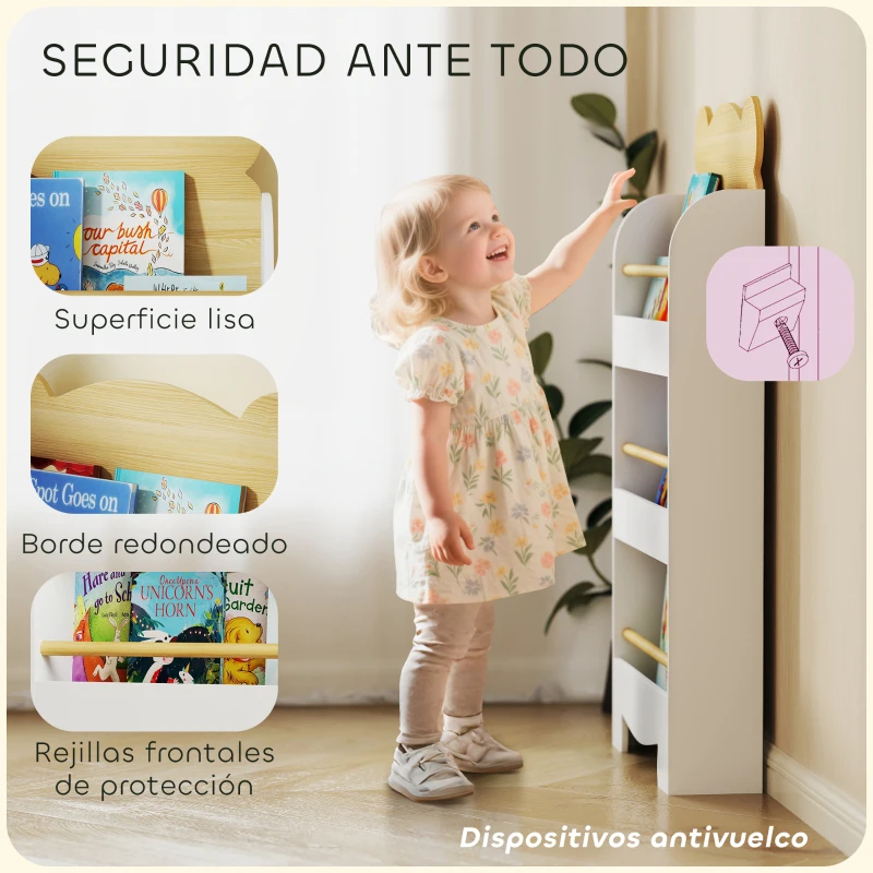 AIYAPLAY Estantería Infantil de 3 Niveles con Diseño de Osito Bordes Redondeados y Barreras de Seguridad para Libros y Juguetes