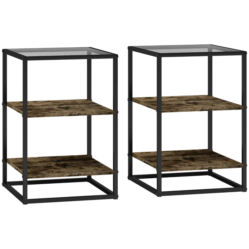 HOMCOM Set 2 Măsuțe  cu 3 Niveluri și Bază Înălțată, Măsuțe din Lemn, Metal și Blat din Sticlă Călită, 37x40x55,5 cm, Maro