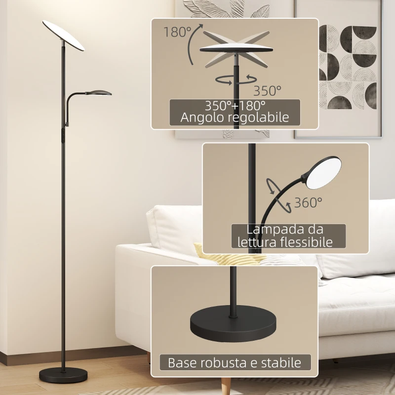HOMCOM Lampada da Terra con 2 Punti Luce Regolabile a 4 Livelli, Temperatura 2700K-6500K e Telecomando, Nero