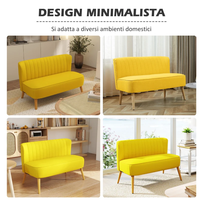 HOMCOM Divano 2 Posti Moderno in Tessuto Senza Braccioli con Gambe in Legno, 117x56.5x77 cm, Giallo