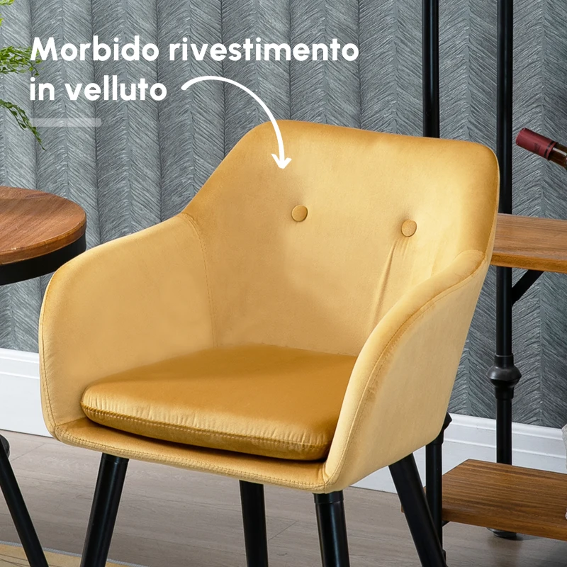 HOMCOM Set di 2 Sedie per Sala da Pranzo con Braccioli Imbottite e in Velluto, 54x56x74cm, Giallo