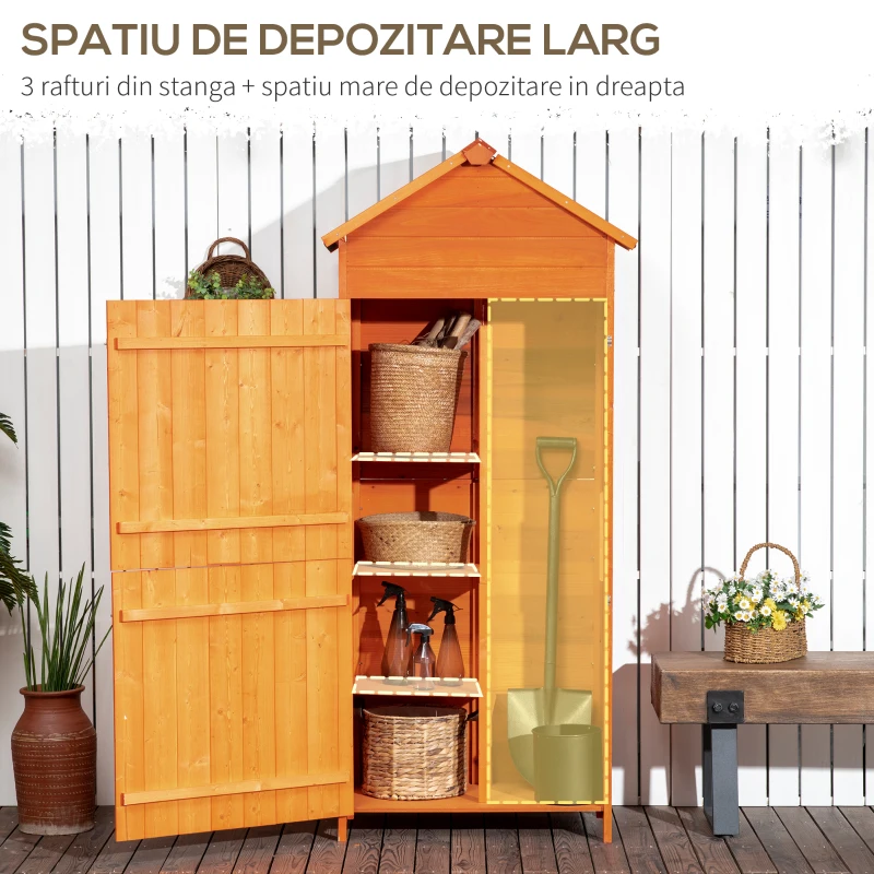 Outsunny sopron de Gradina din Lemn cu 2 Usi, Dulap de Exterior Depozitare Unelte cu 3 Rafturi, 84x52x188 cm(m-4)