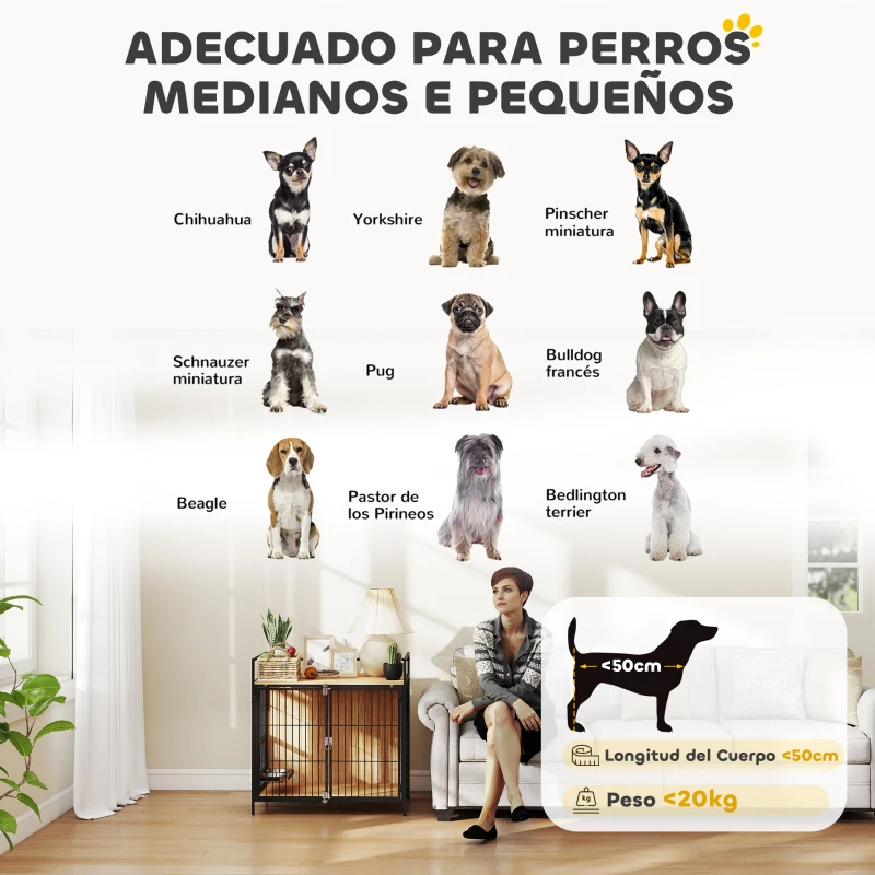PawHut Jaula para Perros Mesa Auxiliar Moderna con Soporte Giratorio con 2 Tazones y 2 Puertas 80x56x76,5 cm Roble