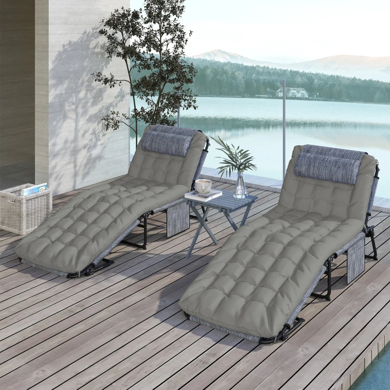Outsunny Lot de 2 transats bains de soleil pliable avec dossier inclinable 4 positions - appui-tête et matelas épais