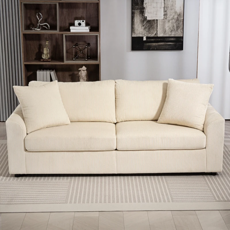HOMCOM Divano 3 Posti in Velluto a Coste con Molle Insacchettate e 2 Cuscini, 212x80x88 cm, Bianco Crema(m-8)