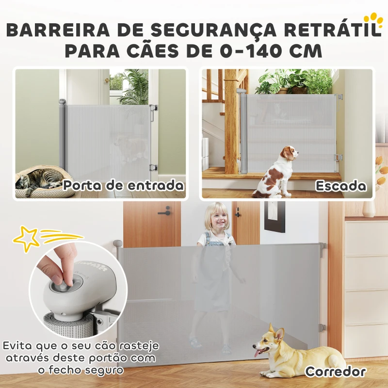 PawHut Barreira para Cães Retráctil 0-140 cm Porta para Cães Pequenos Extensível Barreira de Segurança para Animais de Estimação 146x9x86,5 cm Cinza