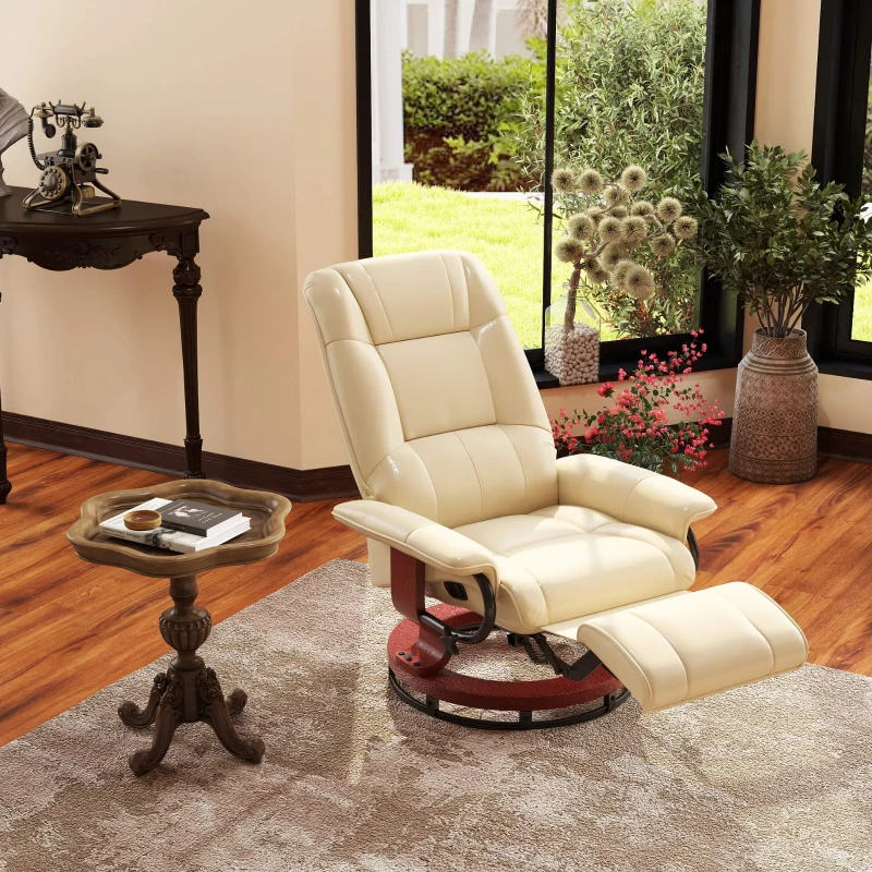 HOMCOM Fotel Relaksacyjny, Regulowany, z Funkcją Leżenia, do 120 kg, Ekoskóra, 78 x 87 x 100 cm, Kremowy