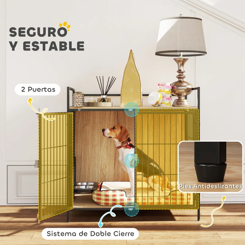 PawHut Jaula para Perros Mesa Auxiliar Moderna con Soporte Giratorio con 2 Tazones y 2 Puertas 80x56x76,5 cm Roble