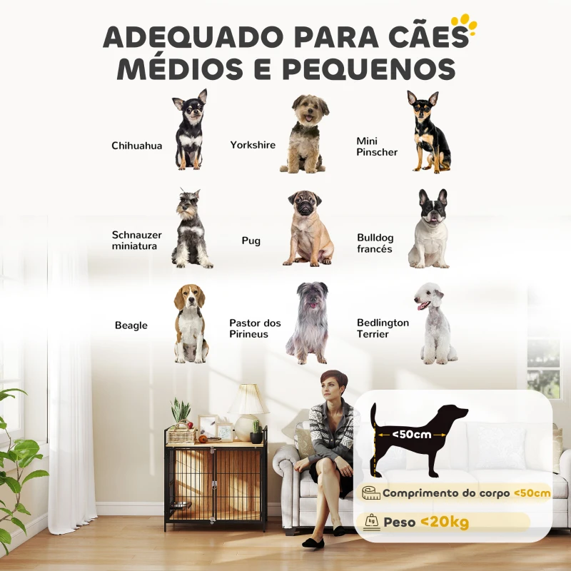 PawHut Gaiola para Cães Mesa Auxiliar Moderna com Suporte Giratório com 2 Tigelas para Cães Médios 80x56x76,5 cm Madeira e Preto