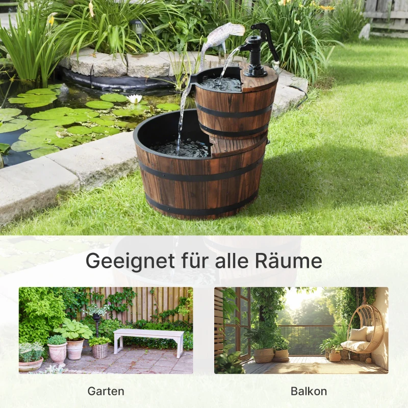 Outsunny Kaskadenbrunnen 2-stufig Gartenbrunnen Zierbrunnen Zimmerbrunnen Wasserspiel Wasserfall Wasserpumpe Tannenholz Dunkelbraun 44,5 x 44,5 x 58,5 cm
