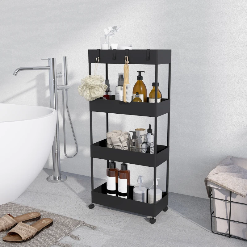 HOMCOM Carro de Cocina de 4 Niveles Carrito Auxiliar con Ruedas 4 Cestas y 4 Ganchos Extraíbles para Salón 40x19x90 cm Negro
