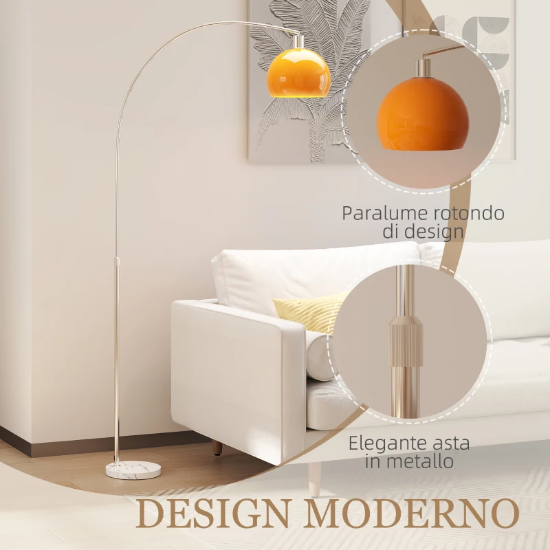 HOMCOM Lampada da Terra ad Arco con Interruttore a Pedale, in Marmo, Metallo e Plastica, 26x90x180 cm, Bianco e Arancione