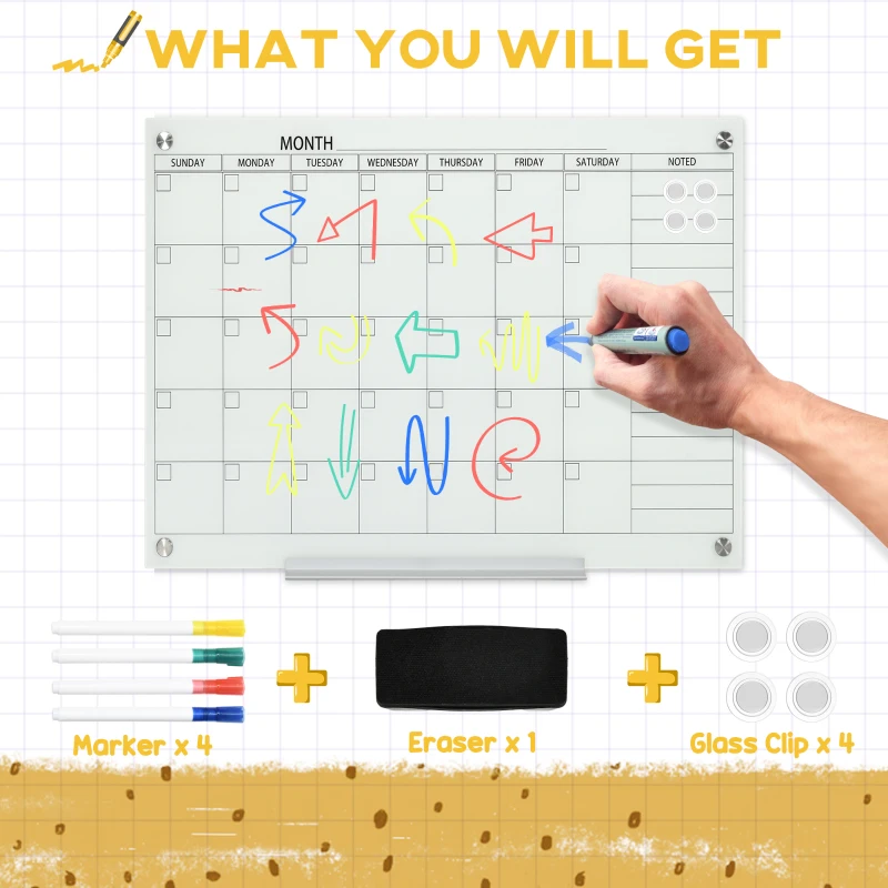 Vinsetto kalenderbord glasplaat met 4 glasclip markers gum aluminium pennenhouder magneetbord voor maandplanning magnetische weekplanner planbord wit 90 x 60 x 0,2 cm