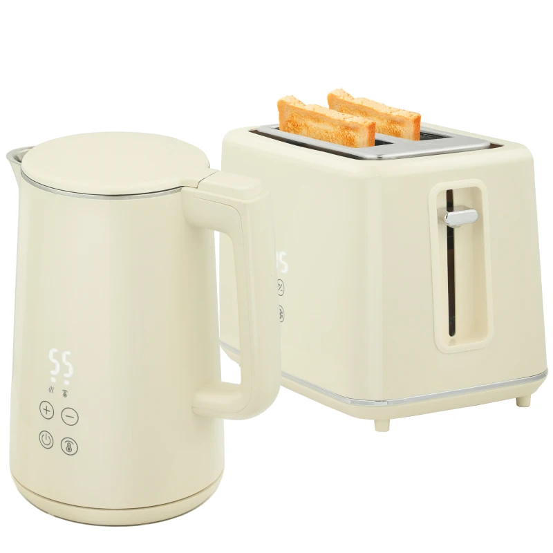 HOMCOM Digital Stainless Steel Kettle and Toaster Set, 1.5L 3000W Fast Boil Kettle, 2 Slice Toaster with 7 Level Browning Controls, Defrost, Reheat, Keep Warm, Crumb Tray and LED Touch Display, Beige