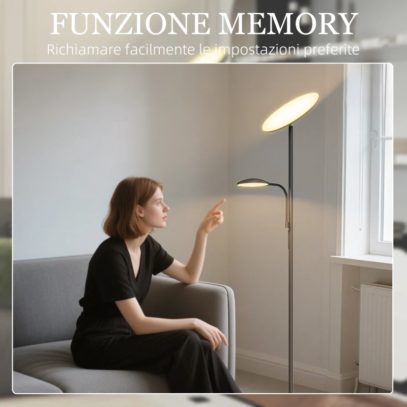 HOMCOM Lampada da Terra con 2 Punti Luce Regolabile a 4 Livelli, Temperatura 2700K-6500K e Telecomando, Nero