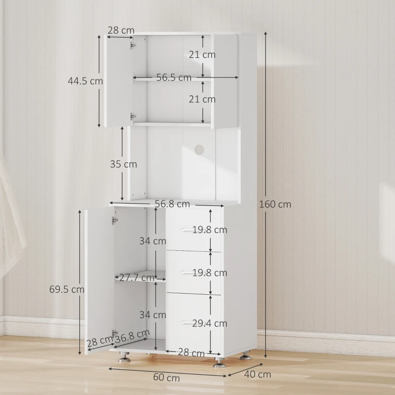 HOMCOM Modern Kitchen Cupboard with Storage Cabinets, 3 Drawers and Open Countertop for Living Room, White