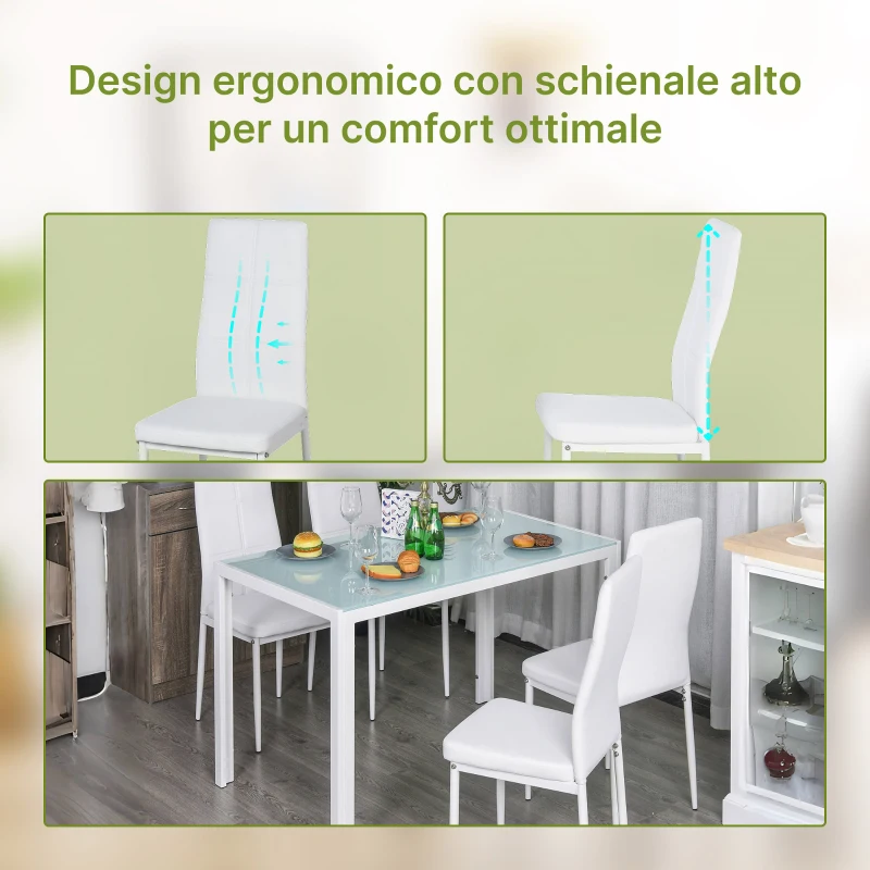 HOMCOM Set 5 Pezzi con 1 Tavolo e 4 Sedie per Cucina o Sala da Pranzo in Finta Pelle, Metallo e Vetro Temperato, Bianco