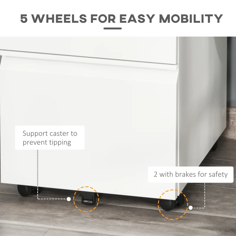 HOMCOM Rolcontainer met 3 lades – Mobiele archiefkast met wielen, afsluitbaar Bureau- en thuiskantoor kast met concave grepen, 39 x 48 x 60 cm,Wit