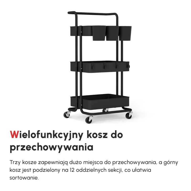 HOMCOM Wózek na 3 Poziomy z Koszykami i Hakami, Wózek Pomocniczy do Kuchni lub Salonu, Stal, Tworzywo Sztuczne, Czarny