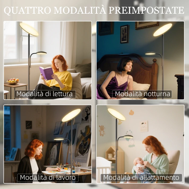 HOMCOM Lampada da Terra con 2 Punti Luce Regolabile a 4 Livelli, Temperatura 2700K-6500K e Telecomando, Nero