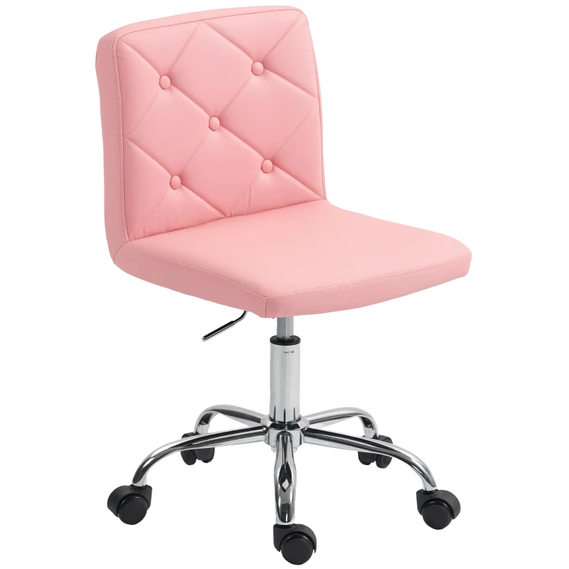 HOMCOM PU Leather Armless Office Chair, Modern Vanity Computer Swivel Chair with Rolling Wheels and Adjustable Height for Home Study, Bedroom, Pink