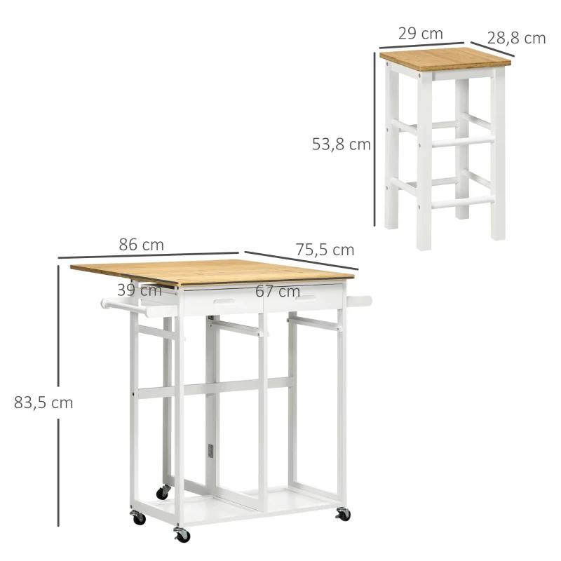 HOMCOM Ensemble table de bar pliable roulettes + 2 tabourets blanc et bois clair - 2 tiroirs et porte-torchons