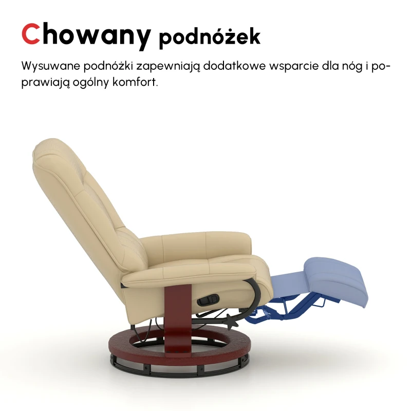 HOMCOM Fotel Relaksacyjny, Regulowany, z Funkcją Leżenia, do 120 kg, Ekoskóra, 78 x 87 x 100 cm, Kremowy