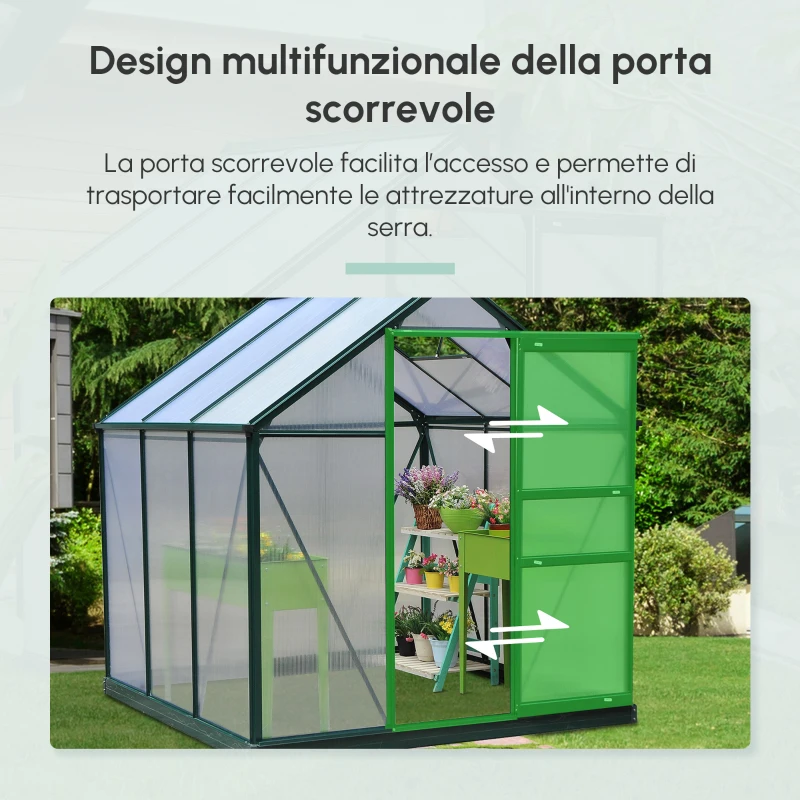 Outsunny Serra da Giardino in Policarbonato 190x192x201cm, Serra per Piante con Base, Finestra, Porta Scorrevole e Struttura in Alluminio, Verde Scuro
